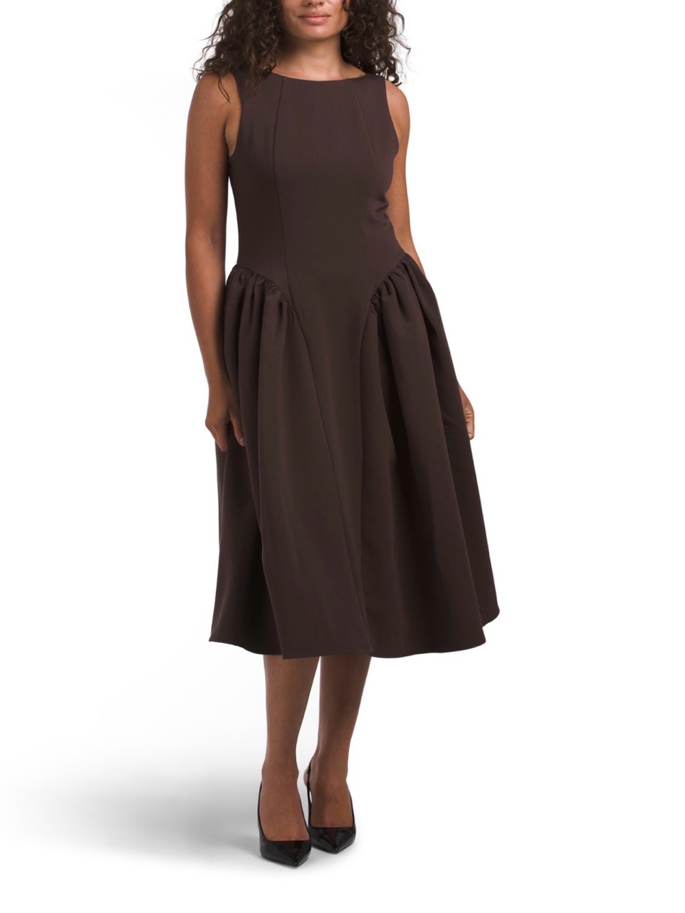 Sleeveless Midi Dress in chocolate Brown with Gathered Skirt